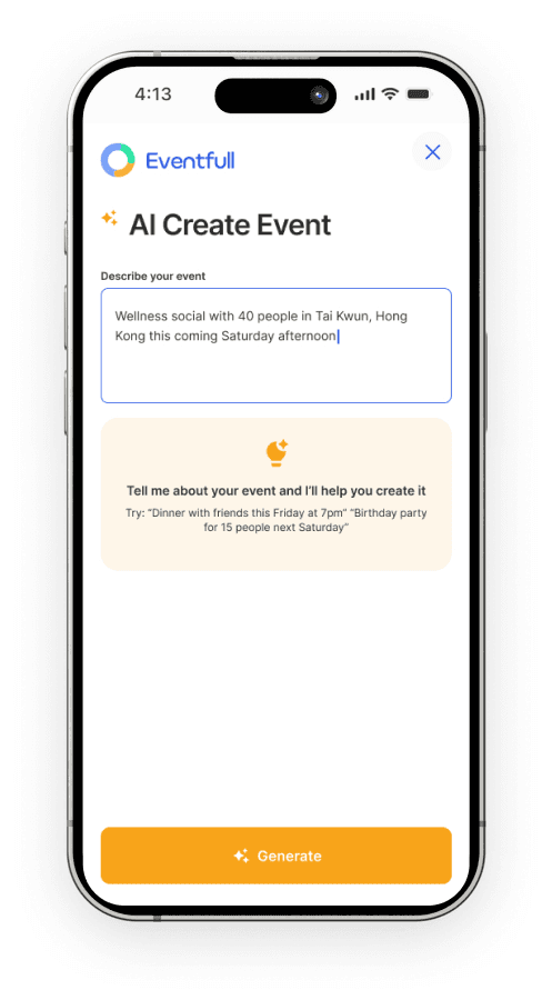 Eventfull AI Create — describe your event and the in-app AI co-planner sets it up